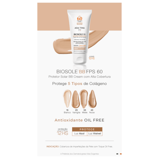 BB Cream com Protetor Solar - Biosole BB FPS 60 - Ada Tina - Noce - 40ml BB Cream com Protetor Solar - Biosole BB FPS 60 - Ada Tina - Noce - 40ml