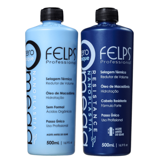 Kit Escova Sem Formol Omega Zero Unique Nanolastia Resistence e Sensitive - Felps Profissional - 2X500ML