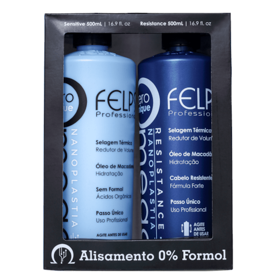 Kit Escova Sem Formol Omega Zero Unique Nanolastia Resistence e Sensitive - Felps Profissional - 2X500ML